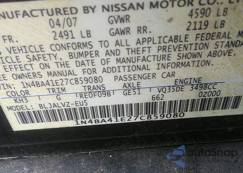 2007 Nissan Maxima 3.5 Se from USA, damaged, VIN 1N4BA41E27C859080